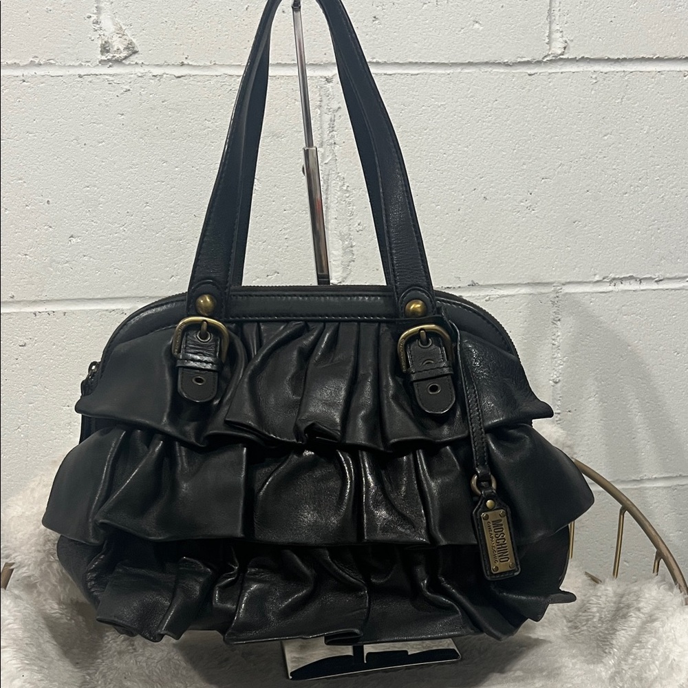 Moschino Black Leather Ruffle Handbag